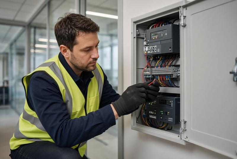 Engineer upgrading a fire alarm panel
