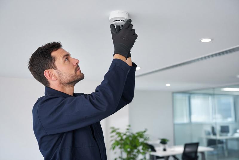 Technician testing a smoke detector during maintenance