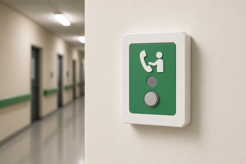 Disabled refuge EVC call point in a Cheadle school corridor