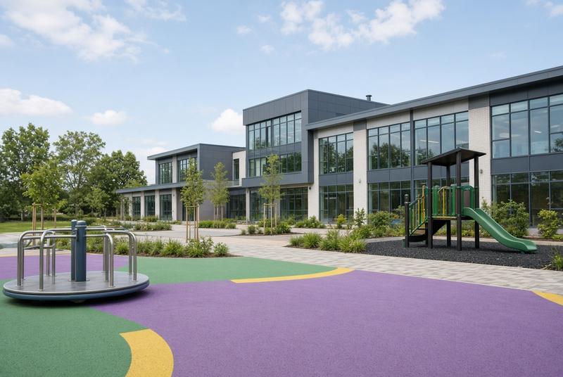 Modern school building with playground in Greater Manchester